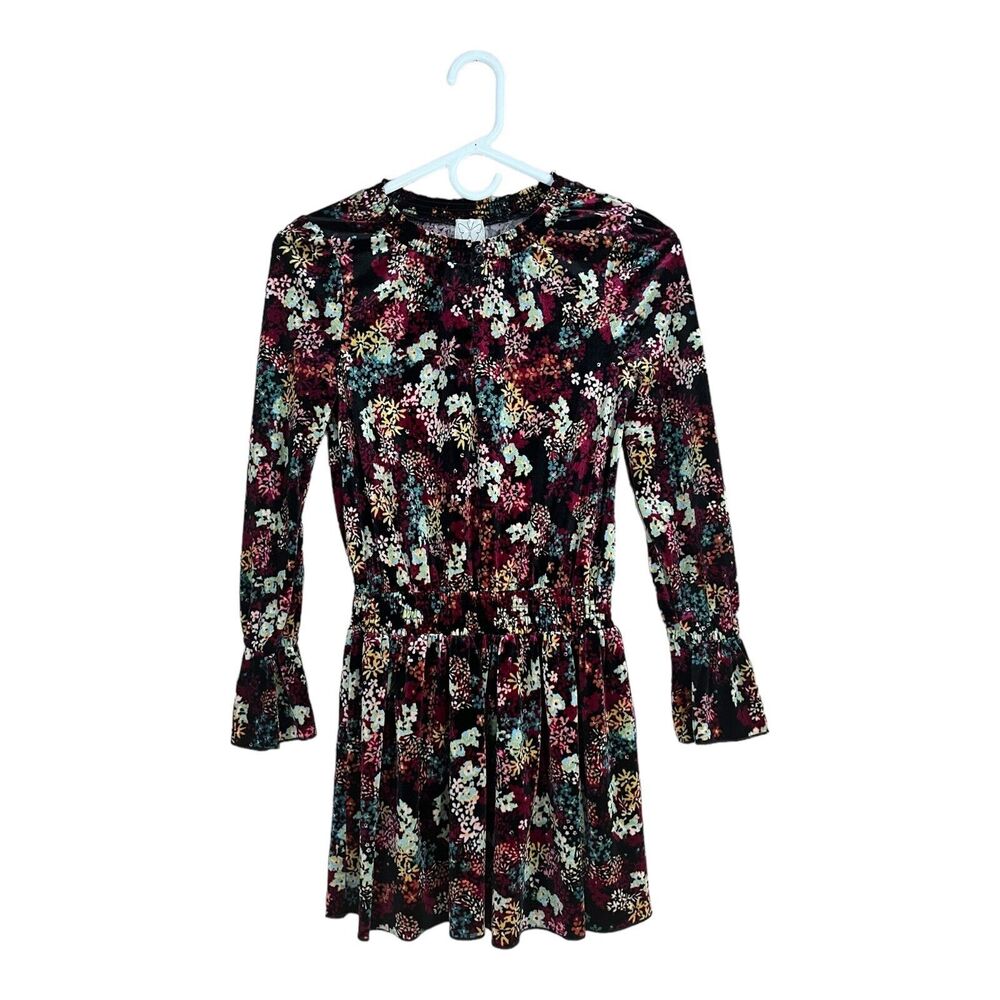 Ella Moss Girls Burgundy Velvet Velour Tunic Dress Floral Smocked Waist Size 12